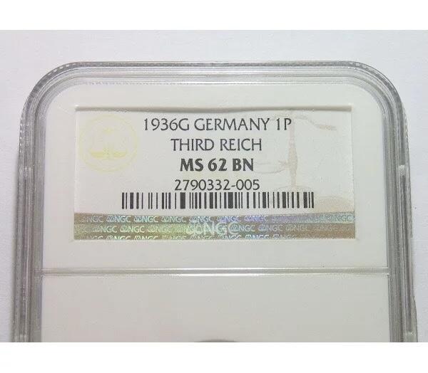 稀年 NGC MS62 德国第三帝国1936年G版1芬尼 难得原光