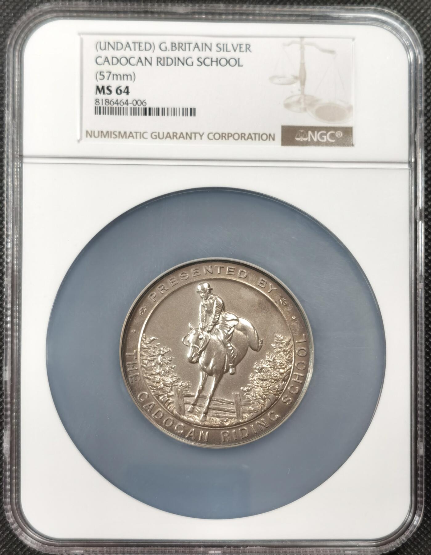 甄臻铺-世界币章拍卖（第19期），送拍享返佣金等优惠多多 NGC-MS64 1935年(按英国银标)英国卡多根马术学校获奖大银章，直径57毫米，银戳全，NGC大盒高分唯一记录，十分稀有