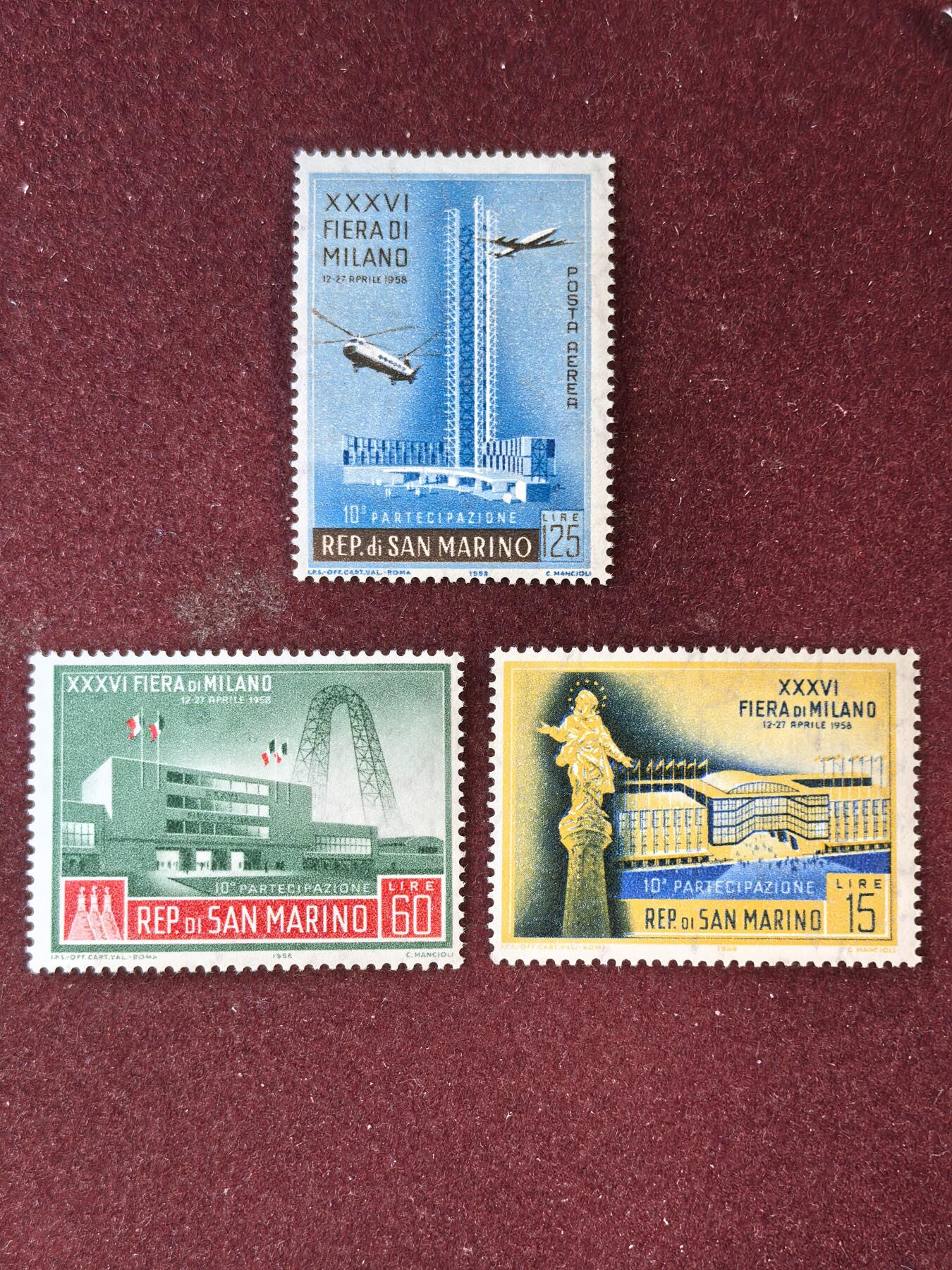 联合阁邮币社™ ——“精品多国邮票” 圣马力诺1958年 米兰博览会 雕塑建筑飞机 3全新 含航空票