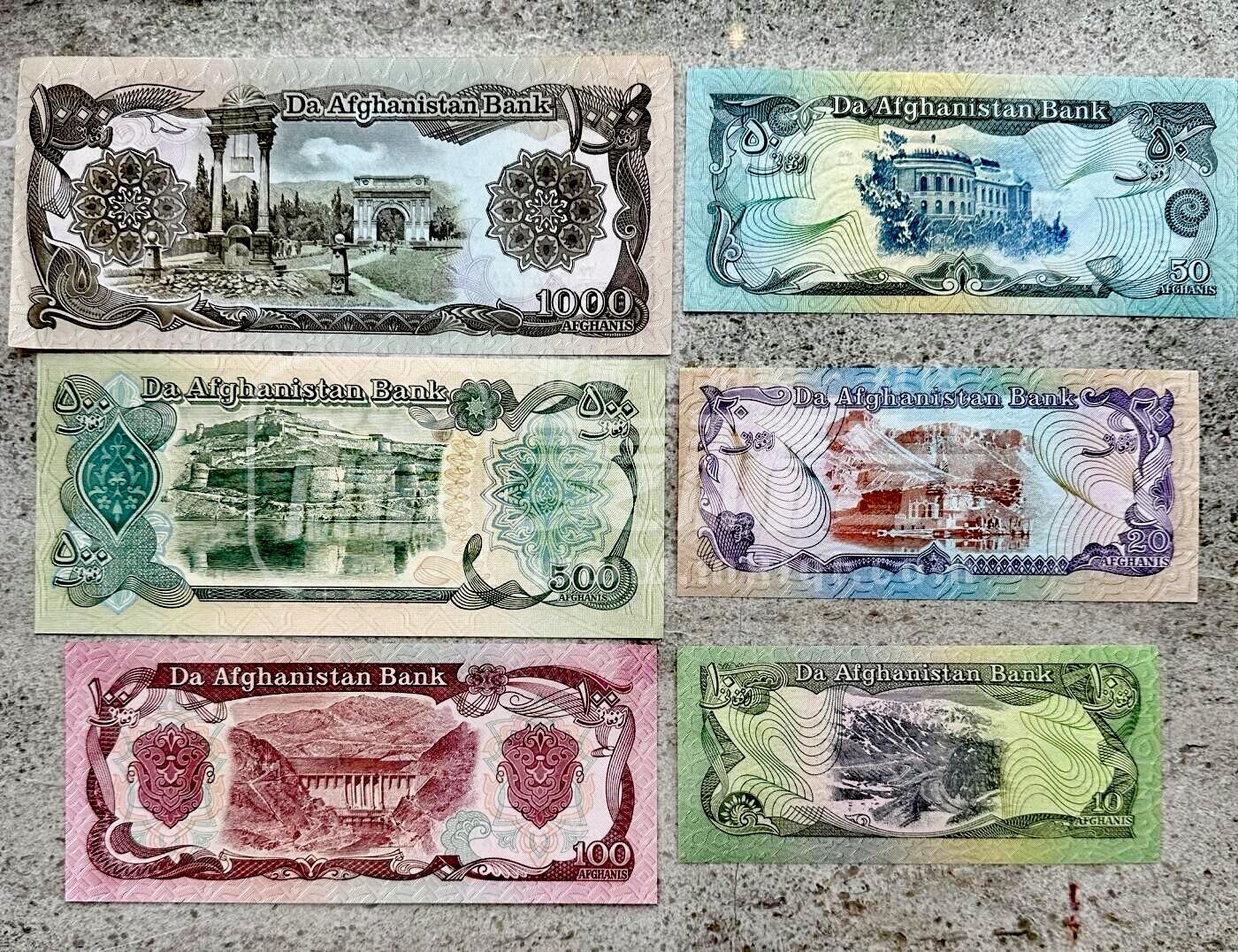 全新阿富汗1970--90年代10、20、50、100、500、1000阿尼绝品6枚一组