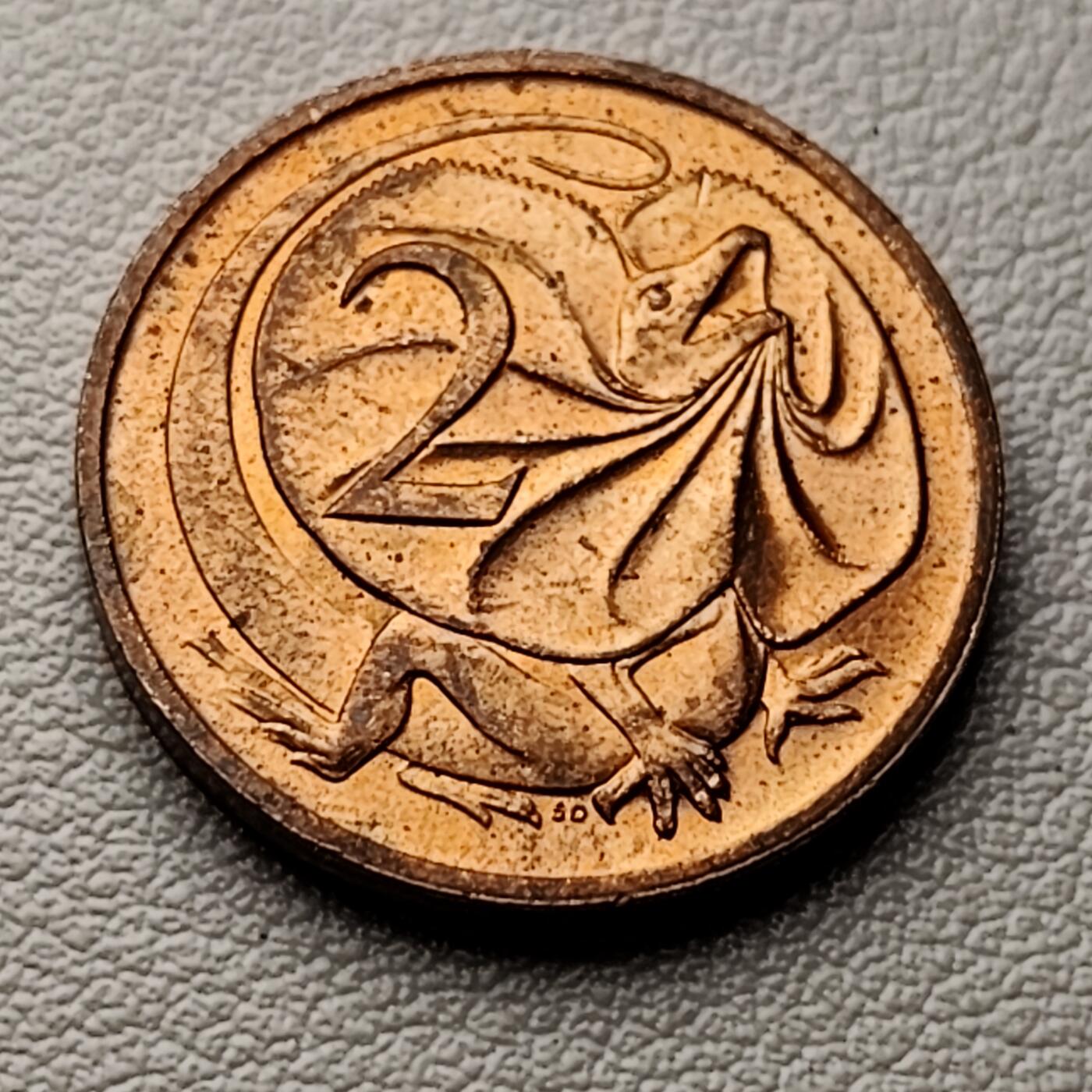 泉币菌-第32场-中外散币乐园 铜光美品 英属澳大利亚2分铜币 伊丽莎白女王花冠.伞蜥蜴-斗篷蜥大洋洲21.5mm