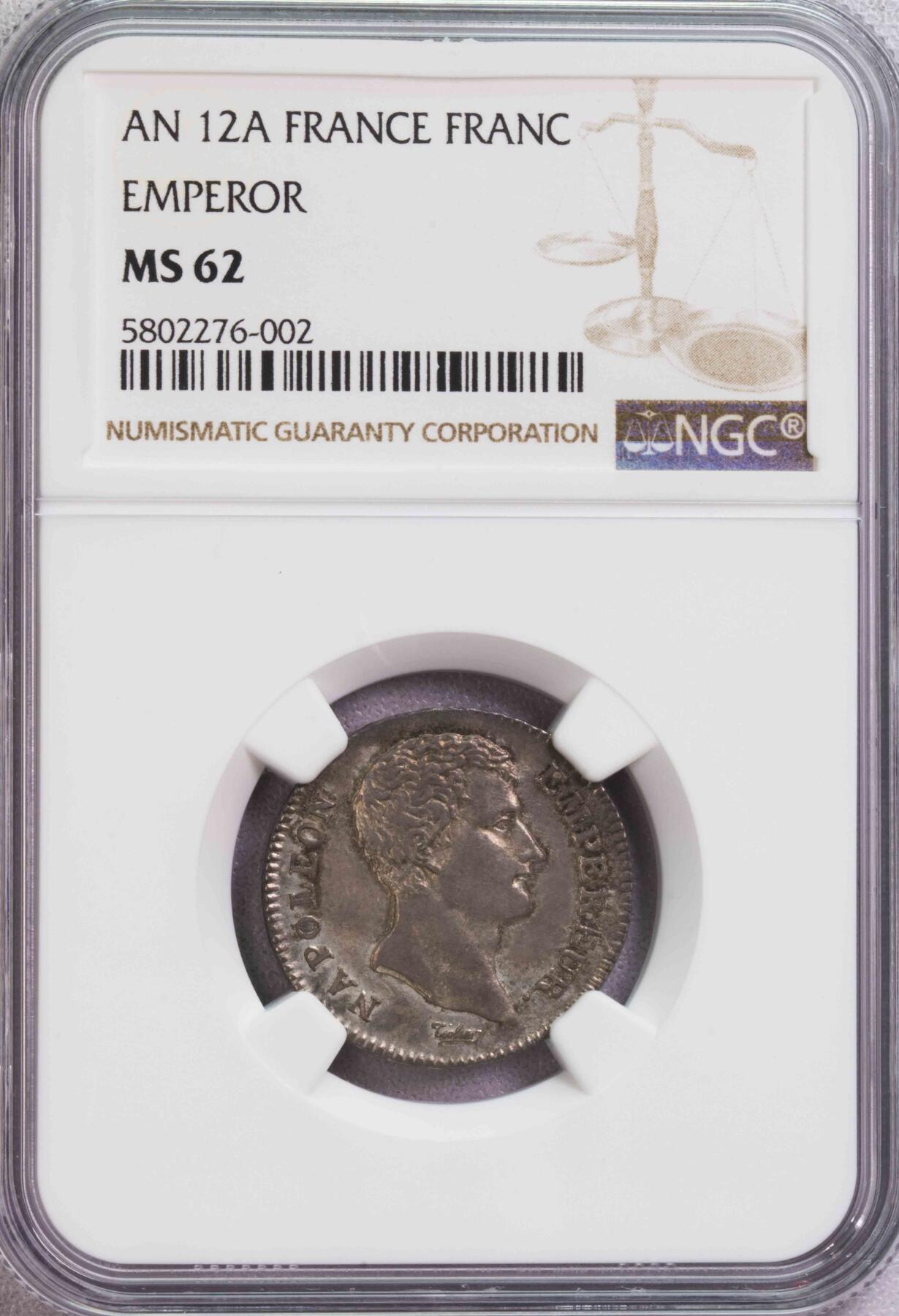 NGC-MS62 共和12年法国拿破仑无桂冠版1法郎银币 第四名