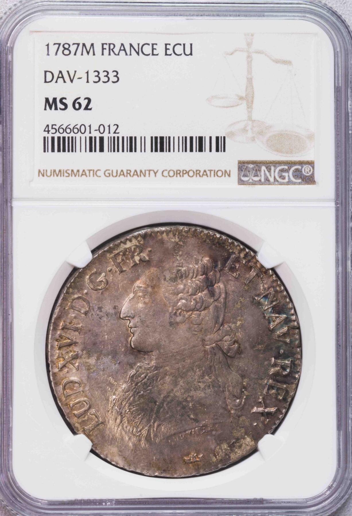 NGC-MS62 1787M法国路易十六埃卢大银币唯一冠军