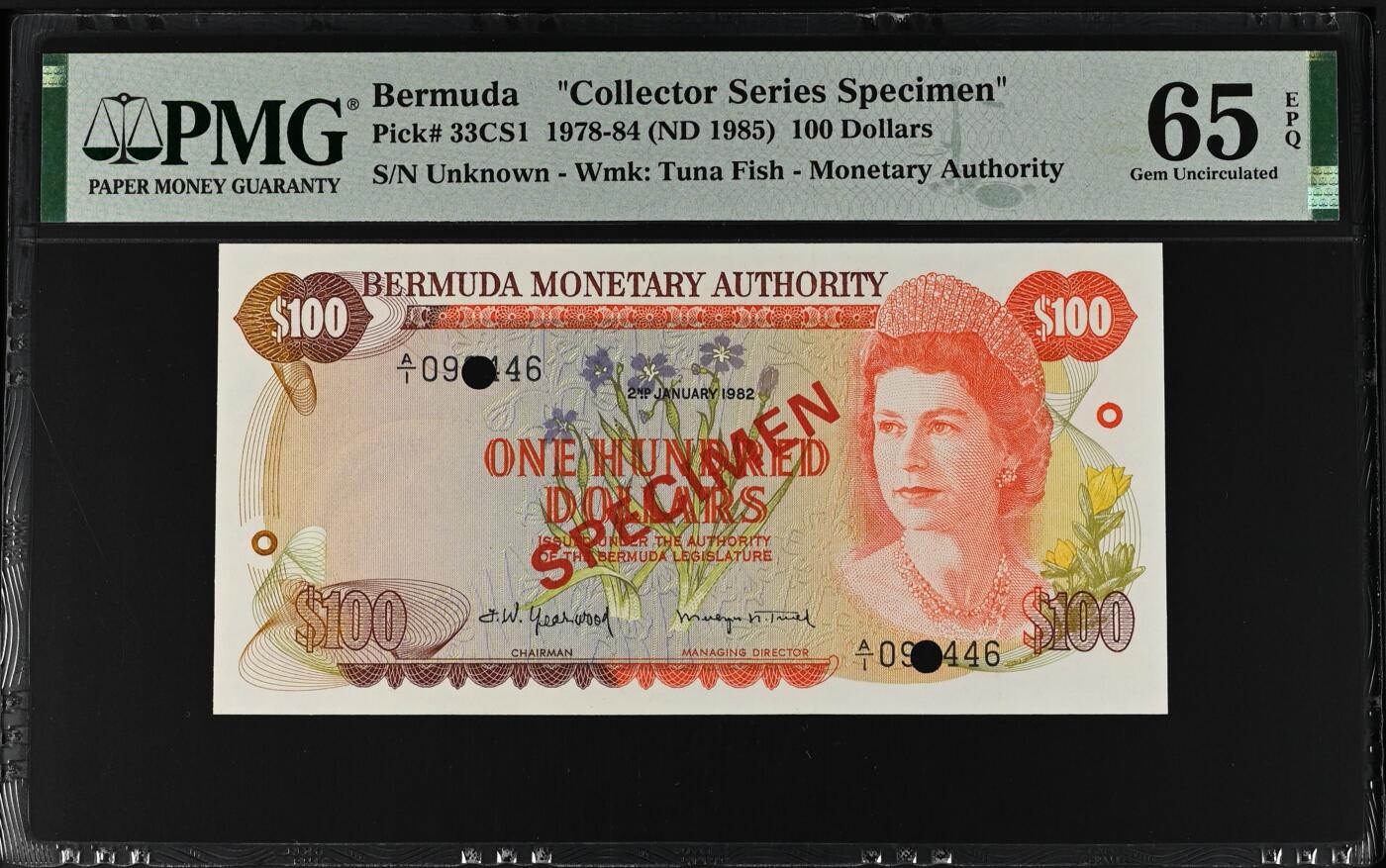 Bermuda    "Collector Series Specimen", 100 Dollars 1978-84 (ND 1985)