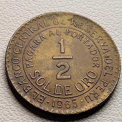 泉币菌-第33场-中外散币乐园 - 秘鲁1965年1/2索尔 骆马金鸡纳树 黄铜币 27.1mm