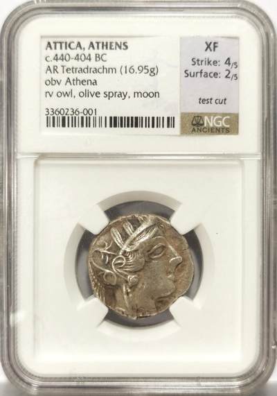 博洋堂世界钱币拍卖第129期（全场包邮） NGC XF 古希腊大名誉品，雅典娜猫头鹰4德拉克马银币，公元前440-前404年伯里克利黄时代货币