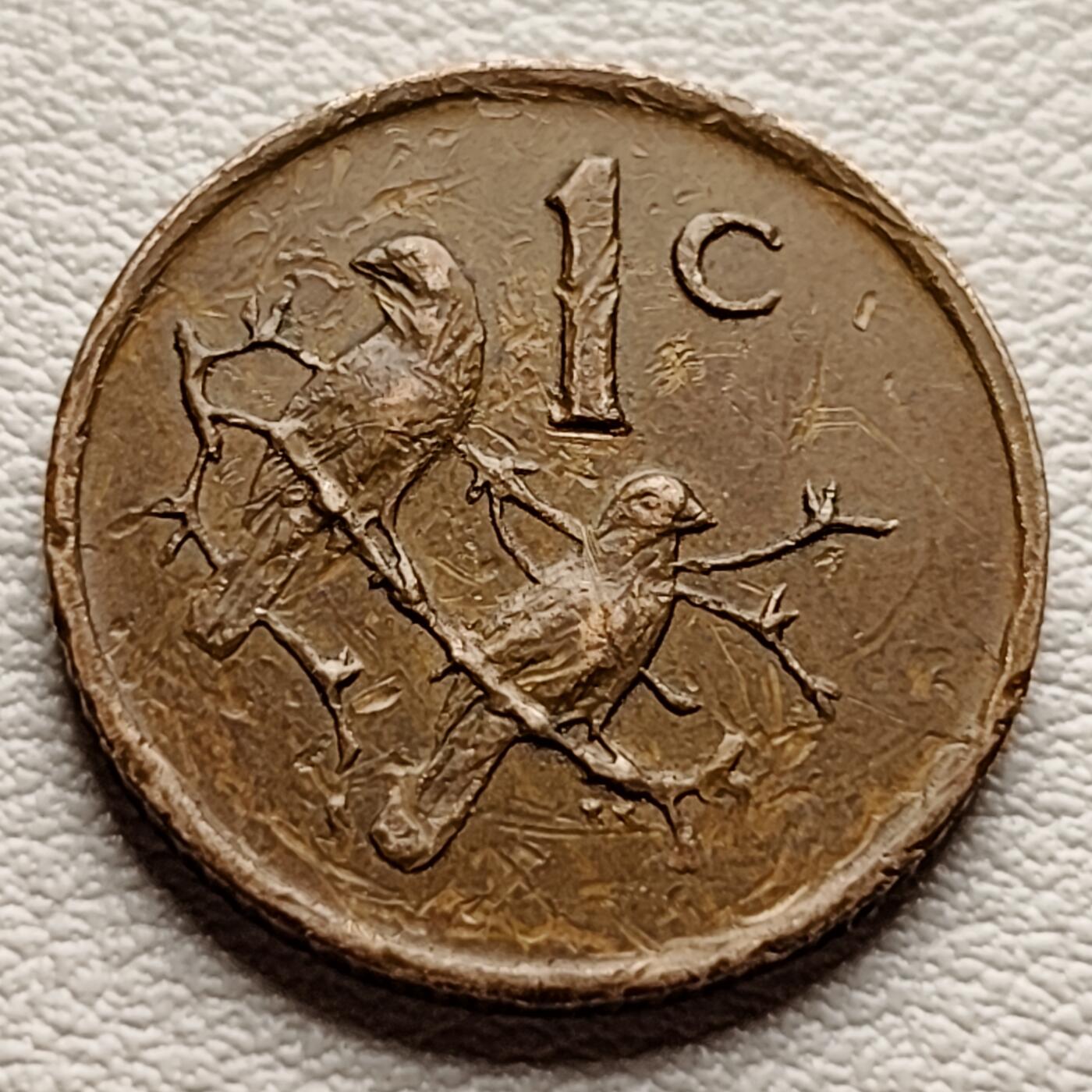 泉币菌-第34场-中外散币乐园 南非 1C分 1977年 青铜硬币 小鸟 麻雀 19mm