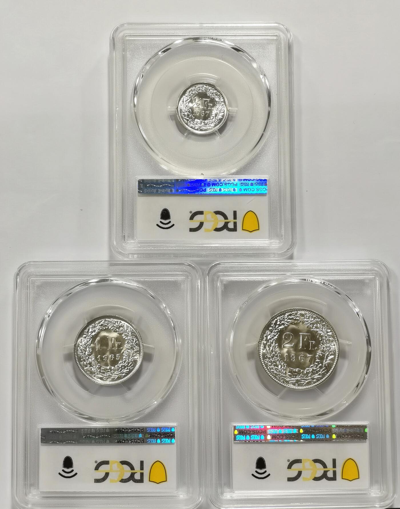博洋堂“追光而行”五月精品专场暨第124期（全场包邮） PCGS MS68 瑞士1965-67年1/2法郎、1法郎、2法郎银币3枚一组，极致高分难得一套！