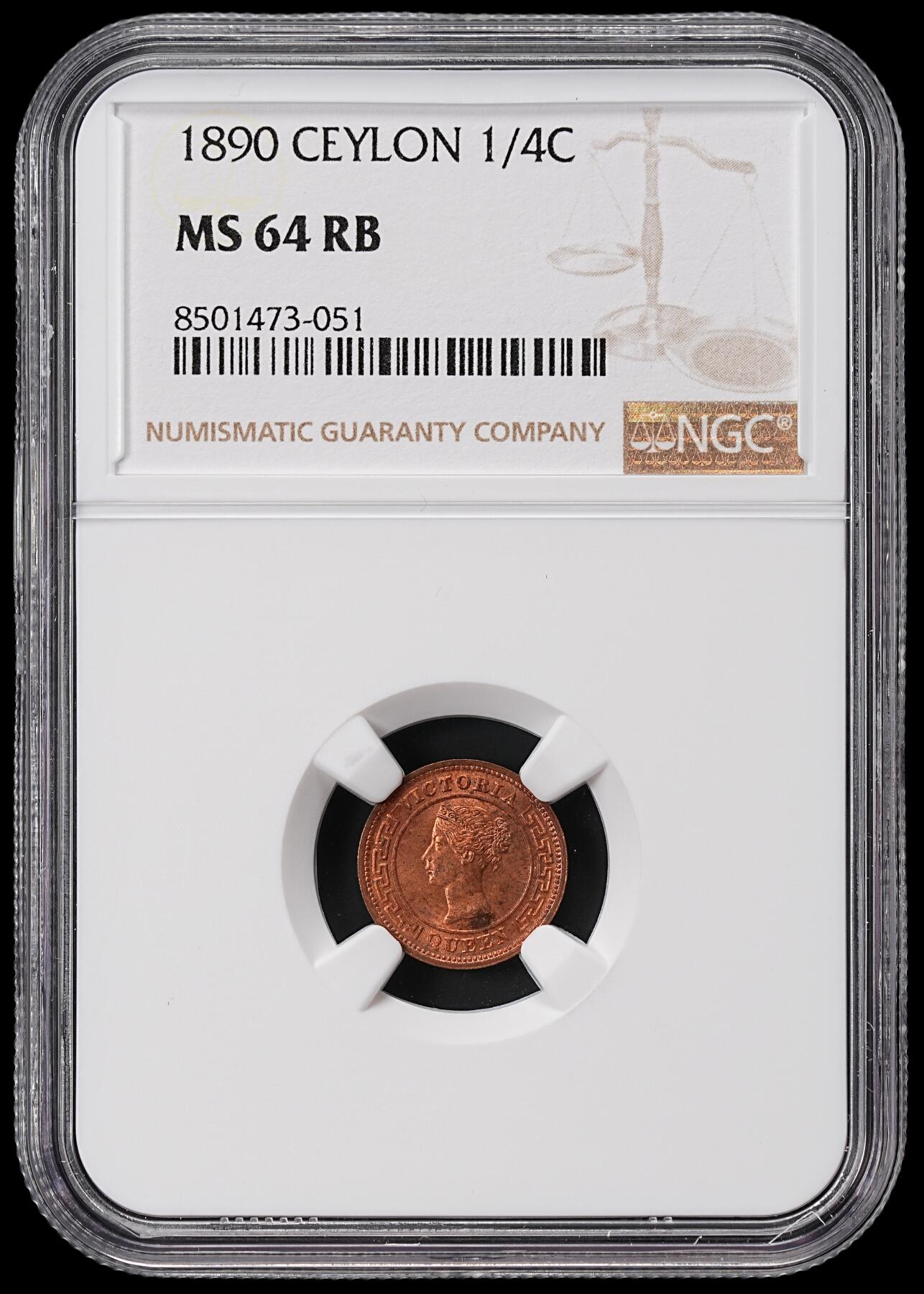 修遠堂世界钱币第七十二期 NGC MS64RB 1890年英属锡兰1/4分铜币
