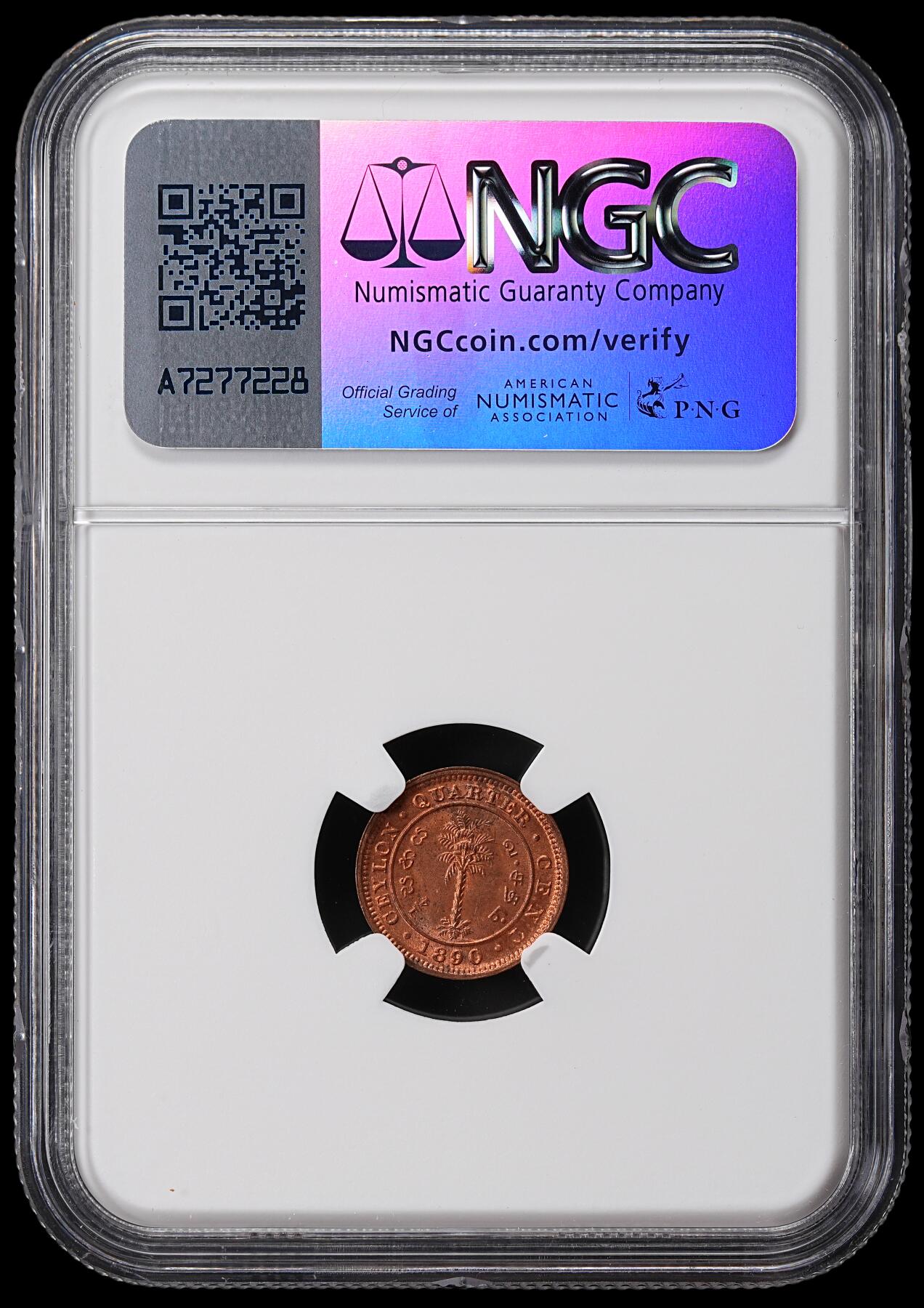 修遠堂世界钱币第七十二期 NGC MS64RB 1890年英属锡兰1/4分铜币