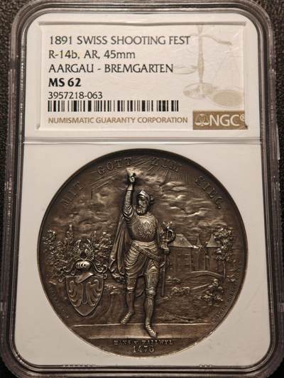 【德藏】世界币章拍卖第132期（拍品征集中~欢迎藏友联系） - 1891年 瑞士阿尔高射击节纪念银章 NGC MS62 细节极其丰富
