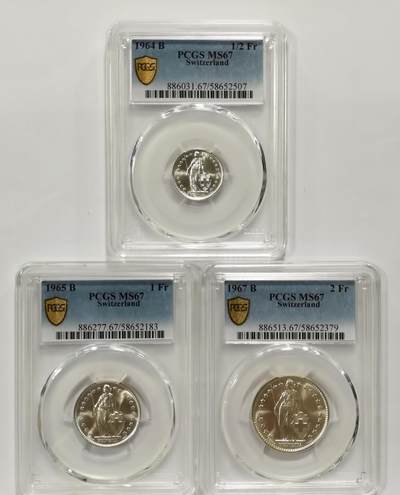 博洋堂世界钱币拍卖第140期（全场包邮） - PCGS MS67 瑞士1964-67年1/2法郎、1法郎、2法郎银币3枚一组1