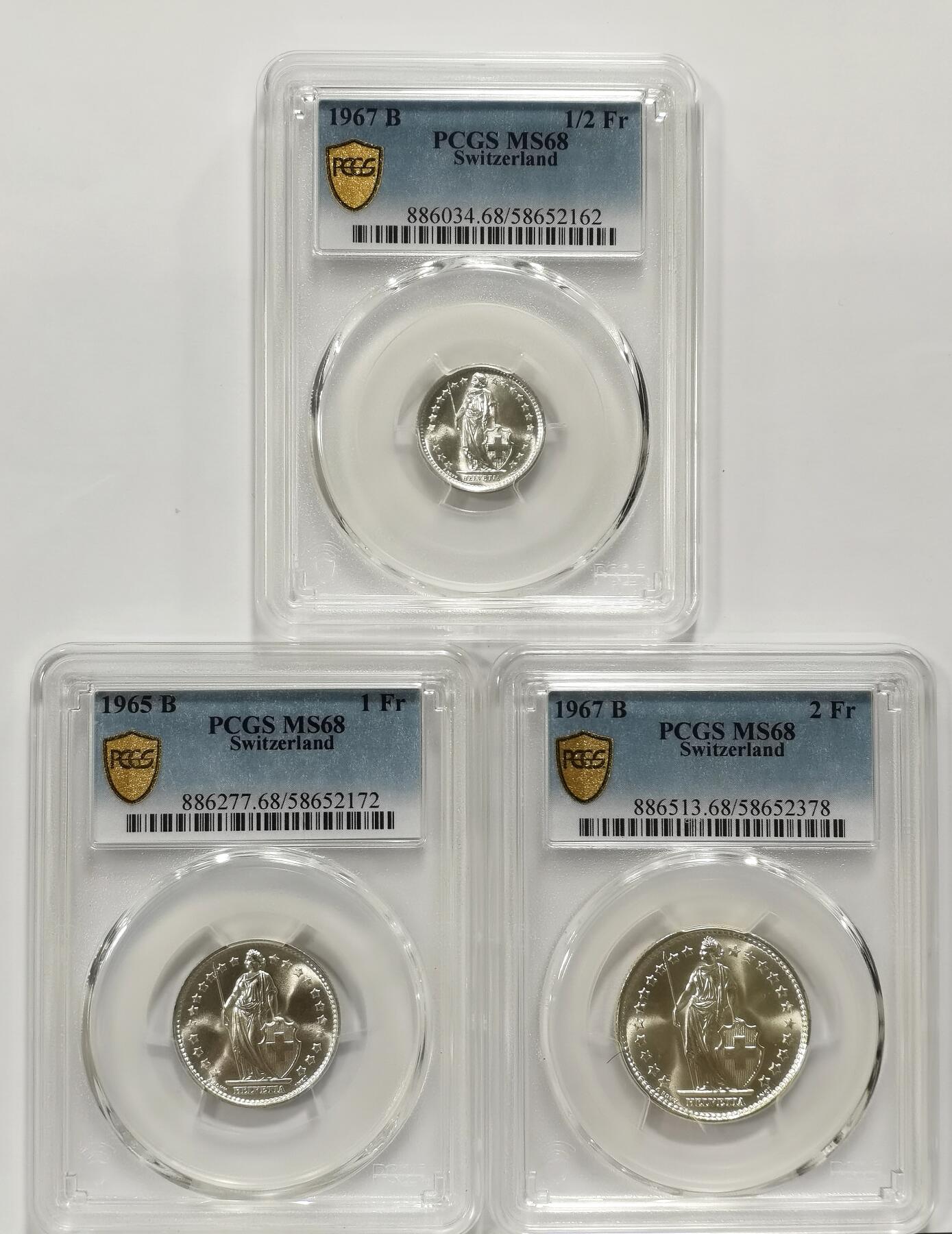 博洋堂“追光而行”五月精品专场暨第124期（全场包邮） PCGS MS68 瑞士1965-67年1/2法郎、1法郎、2法郎银币3枚一组，极致高分难得一套！