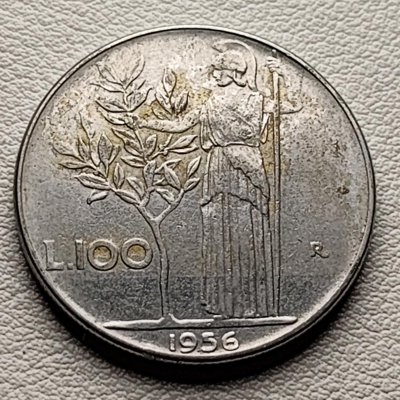 泉币菌-第34场-中外散币乐园 意大利1956年 早期100里拉 月亮和记忆女神密涅瓦 不锈钢币 27.8mm