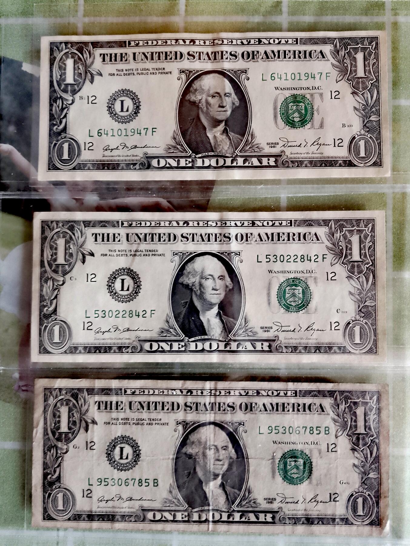 美国1981年12L旧金山版1美元纸币3枚一组