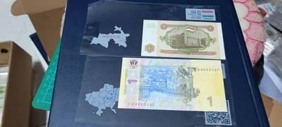 各种纸币、硬币拍场 外币两张，，护币袋有国家简介，扫二维码可显示更详细的国家介绍