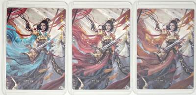 白泽拍卖卡牌手绘专场第18期（端午临中夏，时清日复长） 2024 卡德曼 一丈青 扈三娘 地慧星3张 蓝色，红色，橙色 粗闪 卡夹封装