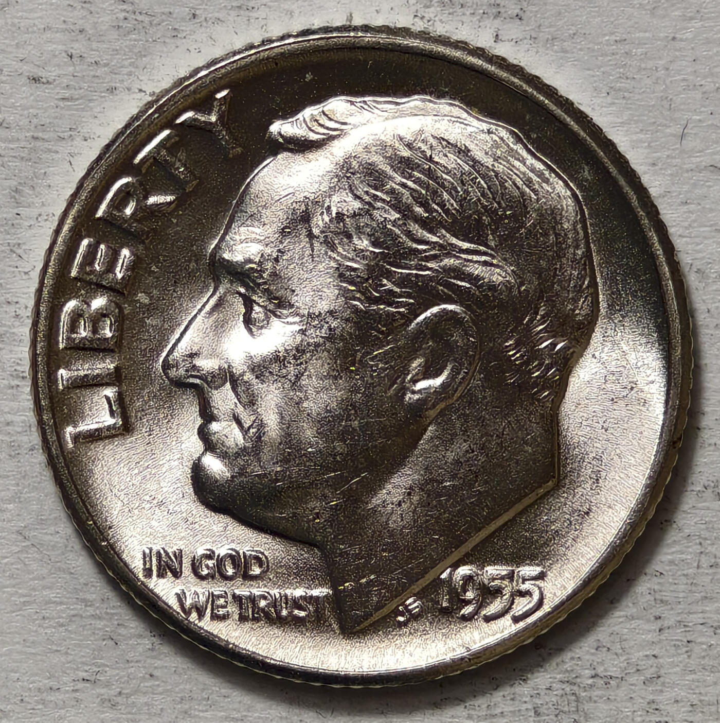 紫瑗钱币——第563期 美国 1955年  罗斯福 10美分 2.5克 0.9银 BU 可评级