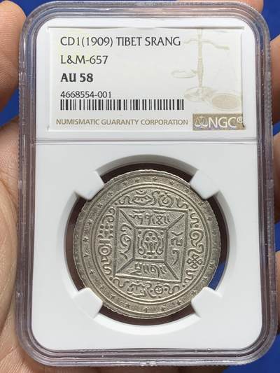 《竞宝斋》第387场 周日，周一 2场连拍 （全场包邮） - NGC AU58 西藏1909宣统元年大方块桑康果木（一两银币） 淡彩包浆 多德造币厂仅发行一年 与大狮子齐名 更为稀少的藏币珍品