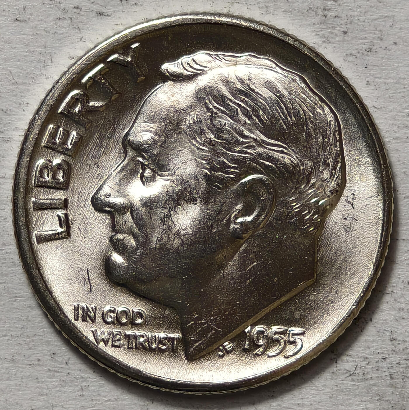 紫瑗钱币——第563期 美国 1955年 D版 罗斯福 10美分 2.5克 0.9银 BU 可评级