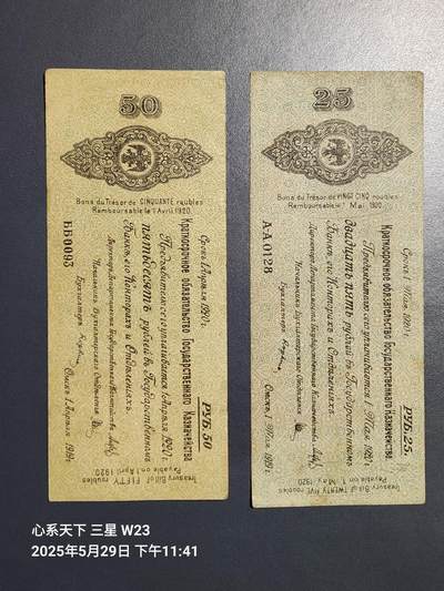 20250601外国纸币专场 - 俄罗斯 西伯利亚临时政府鄂木斯克国家金库券 1919-1920年20-50卢布 极美品一对