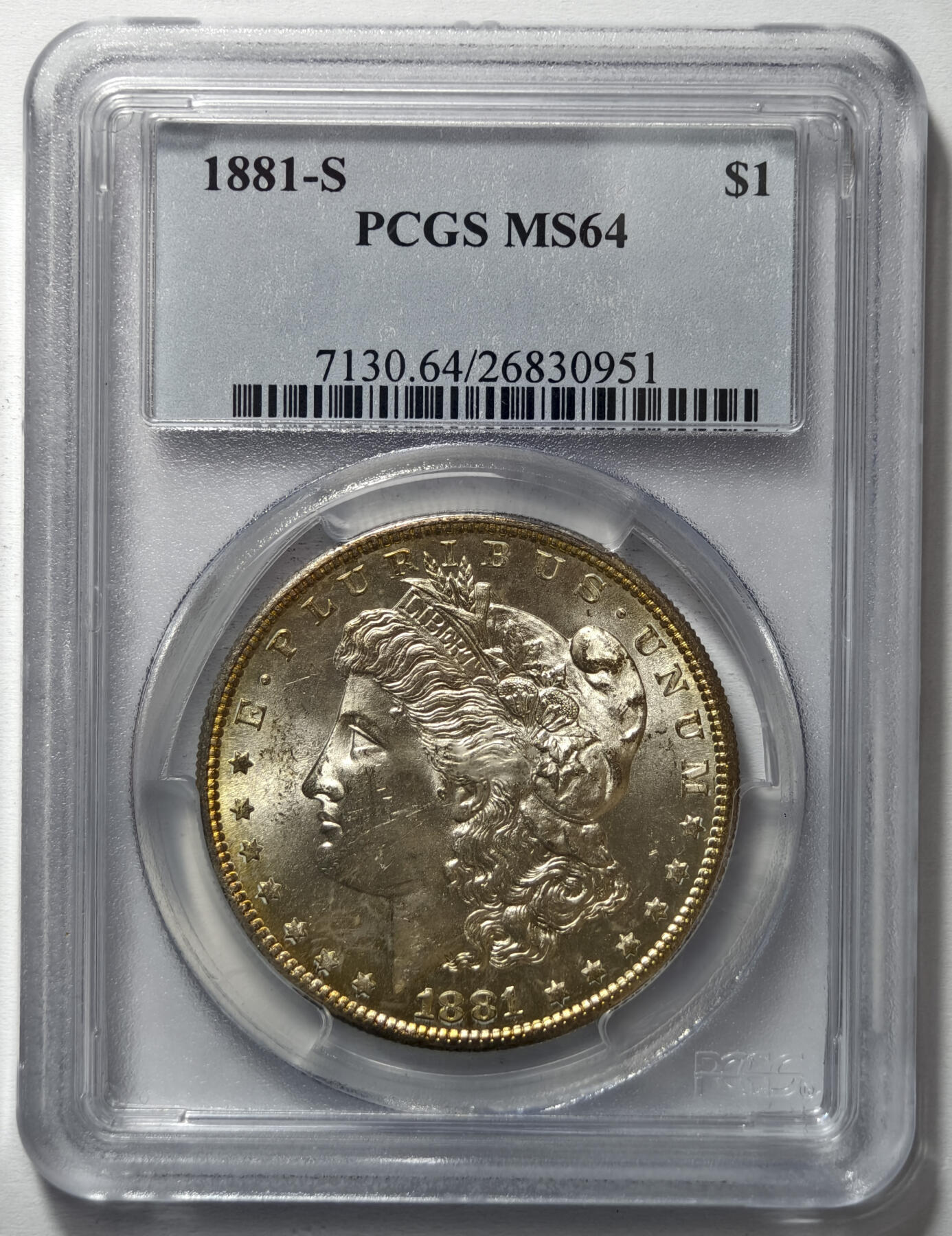 紫瑗钱币——第578期 美国 1881年 S版 摩根 大头妹 1美元 银币 PCGS MS64 老盒 转光犀利
