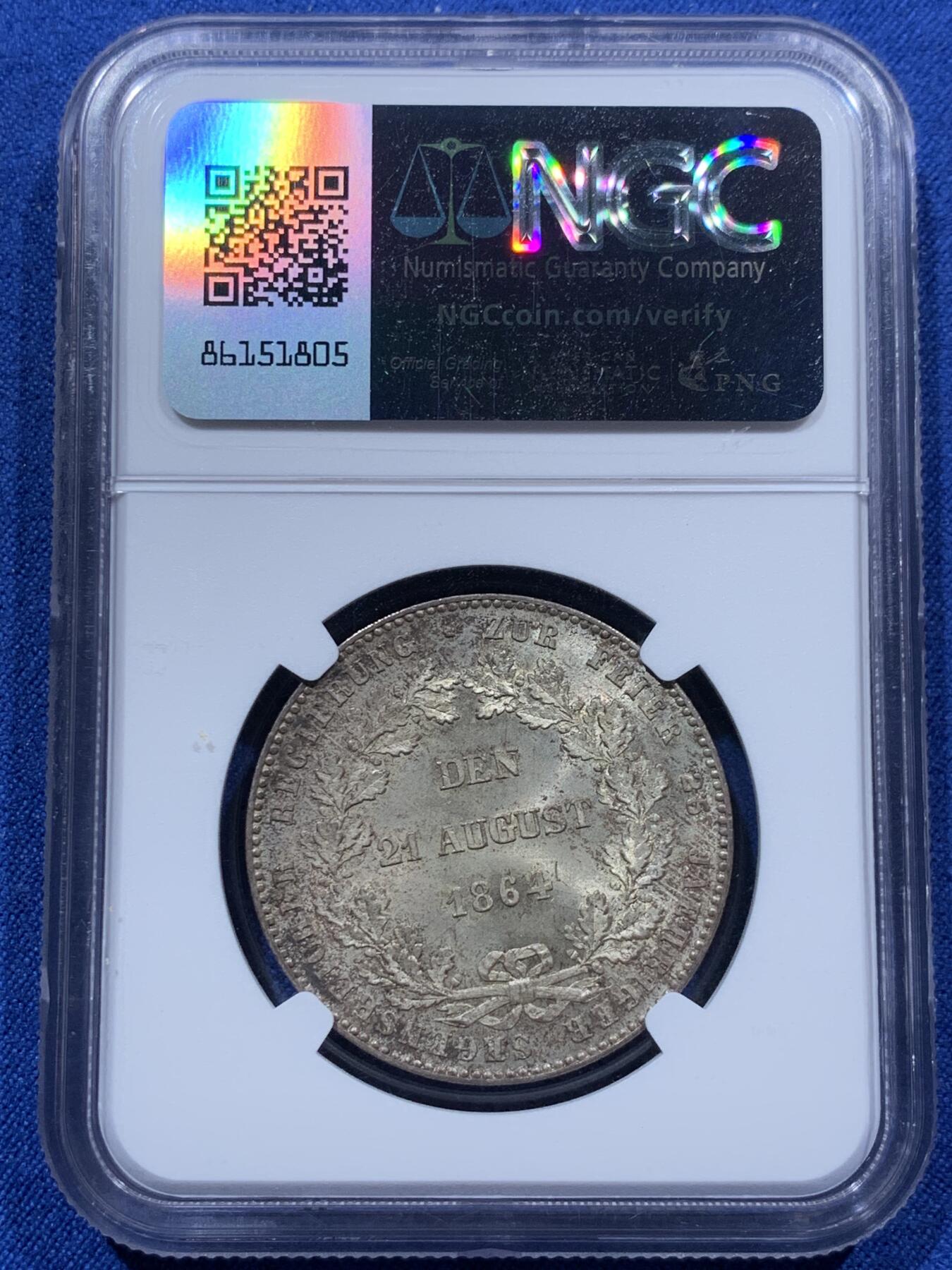 《竞宝斋》第387场 周日，周一 2场连拍 （全场包邮） NGC MS65 德国 拿骚 1864年1泰勒 极其富有特色且少见品种  65高分  外拍66分成交价1万+ 性价比之选