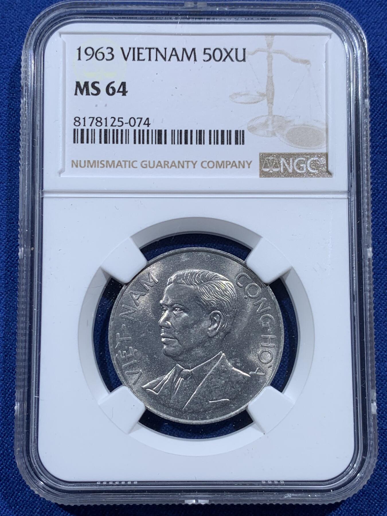 《竞宝斋》第387场 周日，周一 2场连拍 （全场包邮） NGC MS64 越南1963年吴庭艳头像50苏铝币