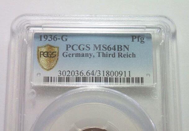 稀年 PCGS MS64 德国第三帝国1936年G版1芬尼 难得开卷原光