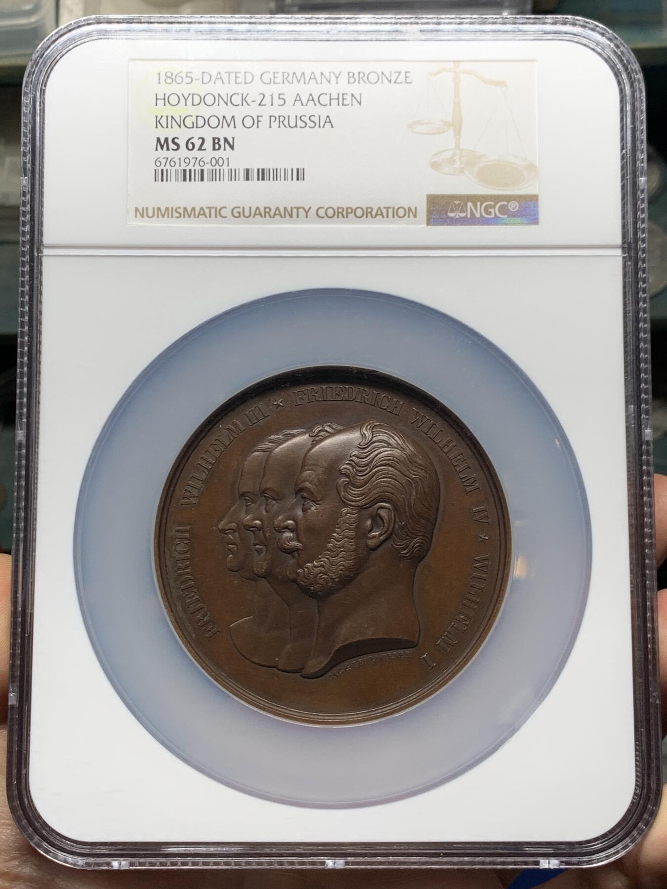 《竞宝斋》第387场 周日，周一 2场连拍 （全场包邮） NGC MS62BN 德国1865年亚琛莱茵省并入普鲁士50周年纪念大铜章 大盒加厚盒