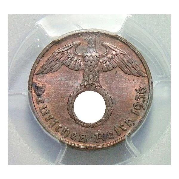 稀年 PCGS MS64 德国第三帝国1936年G版1芬尼 难得开卷原光