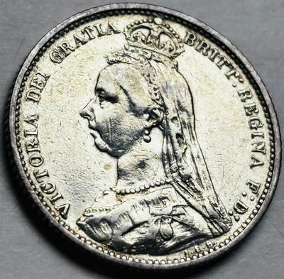 文馨钱币收藏第 250 期优选品质场 - 稀少 UNC 状态 1887 年英国维多利亚尖冠版 6 便士银币