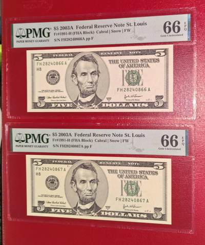 Gem Unc 美国纸币 2003年A版 5美元纸币 Pmg 66E 还有尾号67 - Gem Unc 美国纸币 2003年A版 5美元纸币 Pmg 66E 还有尾号67