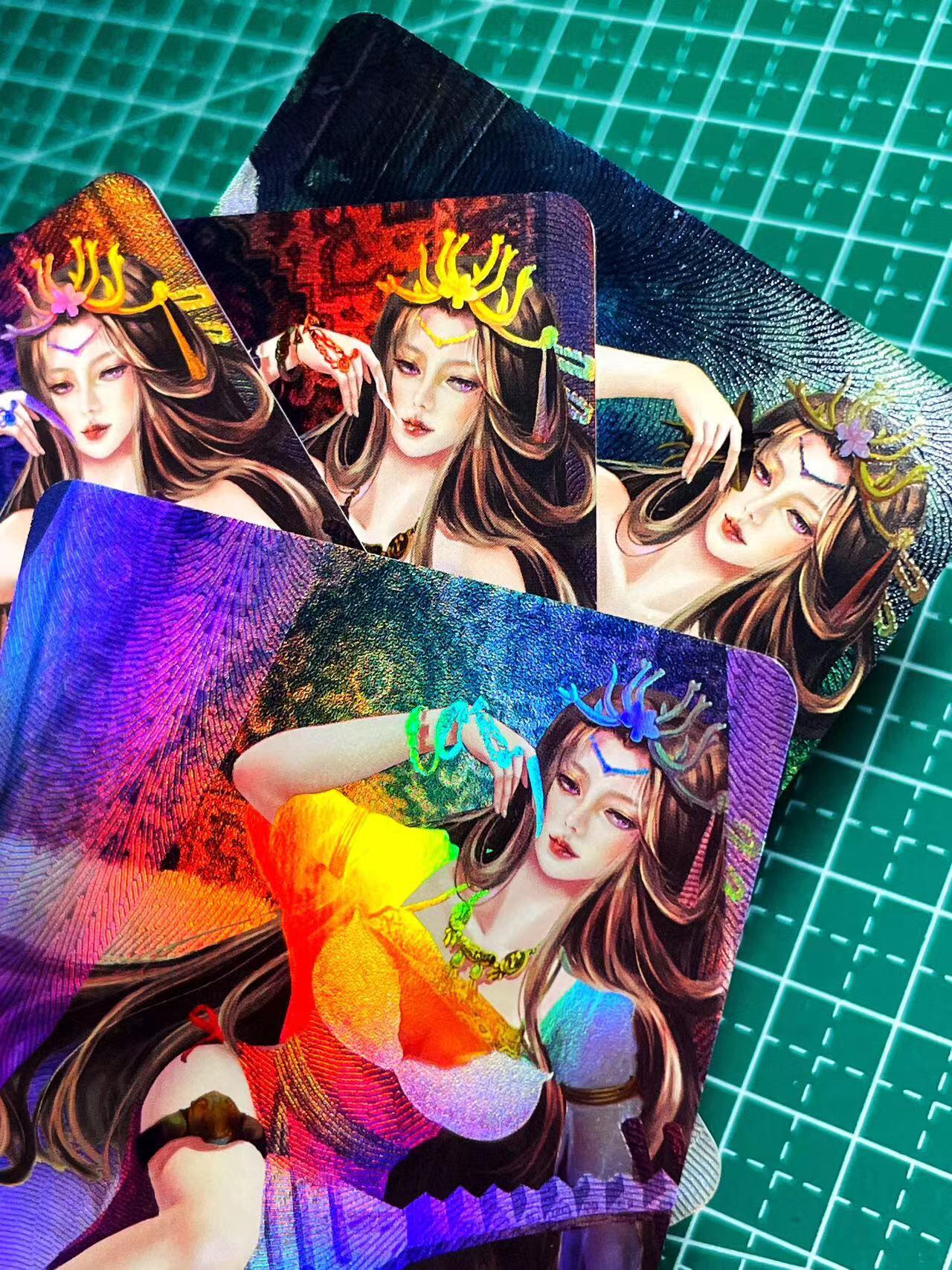 显眼宝17期 大家玩卡快乐 青鸾殿卡牌 华夏妖姬榜 王贵人 一套四张含艺术 折光金彩 小卡尺寸
