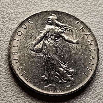 泉币菌-第36场-中外散币乐园 原光极美品 法国早期（1975年）1法郎镍币  播种女神