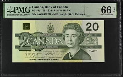超越收藏第十四场（纸币➕银元） 1991年加拿大2元号码无4双尾77 PMG66EPQ - Printer: BABN