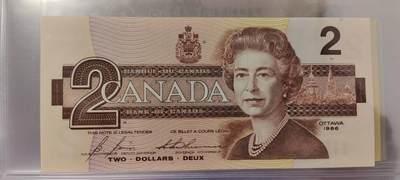 超越收藏第十四场（纸币➕银元） 加拿大鸟版2元全新UNC数3号码无4