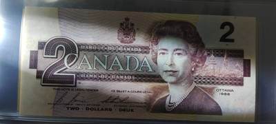 超越收藏第十四场（纸币➕银元） 加拿大鸟版2元全新UNC数3号码无4