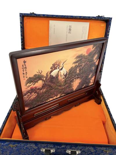 福建仙游酸枝木雕工艺屏风摆件 李耕名画人民大会堂同款《松鹤图》福建省油画协会出品