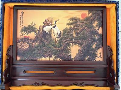 福建仙游酸枝木雕工艺屏风摆件 李耕名画人民大会堂同款《松鹤图》福建省油画协会出品