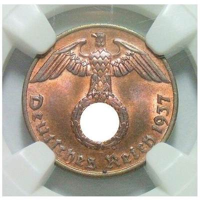 NGC MS66RB 德国第三帝国1937年A版1芬尼 难得开卷原光 - NGC MS66RB 德国第三帝国1937年A版1芬尼 难得开卷原光