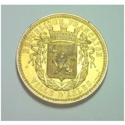 法国1890年阿尔勒市徽 狮子+城堡高浮雕精制大镀金章 50MM - 法国1890年阿尔勒市徽 狮子+城堡高浮雕精制大镀金章 50MM