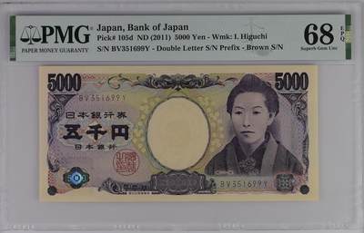 超越收藏第十四场（纸币➕银元） 2014年日本5000日元号码无47尾99 PMG68EPQ - Wmk: I. Higuchi