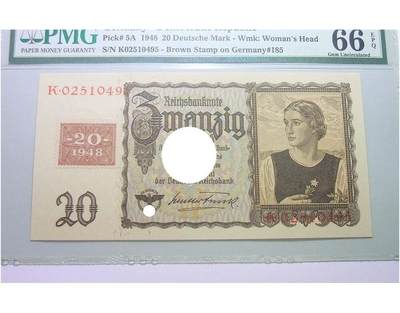 PMG MS66 盟军占德国1948年贴票版女人头20马克 原光挺版 - PMG MS66 盟军占德国1948年贴票版女人头20马克 原光挺版