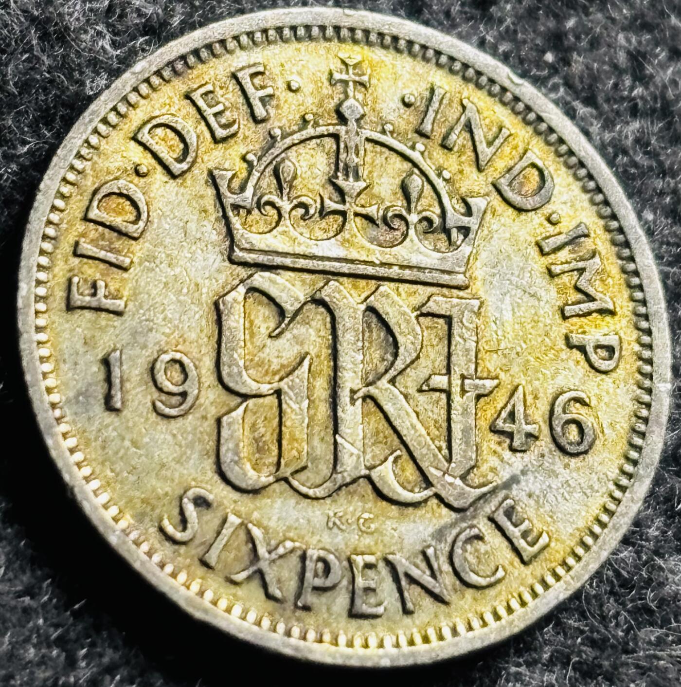 文馨钱币收藏第 250 期优选品质场 鎏金色 1946 年英国乔治六世 6 便士银币