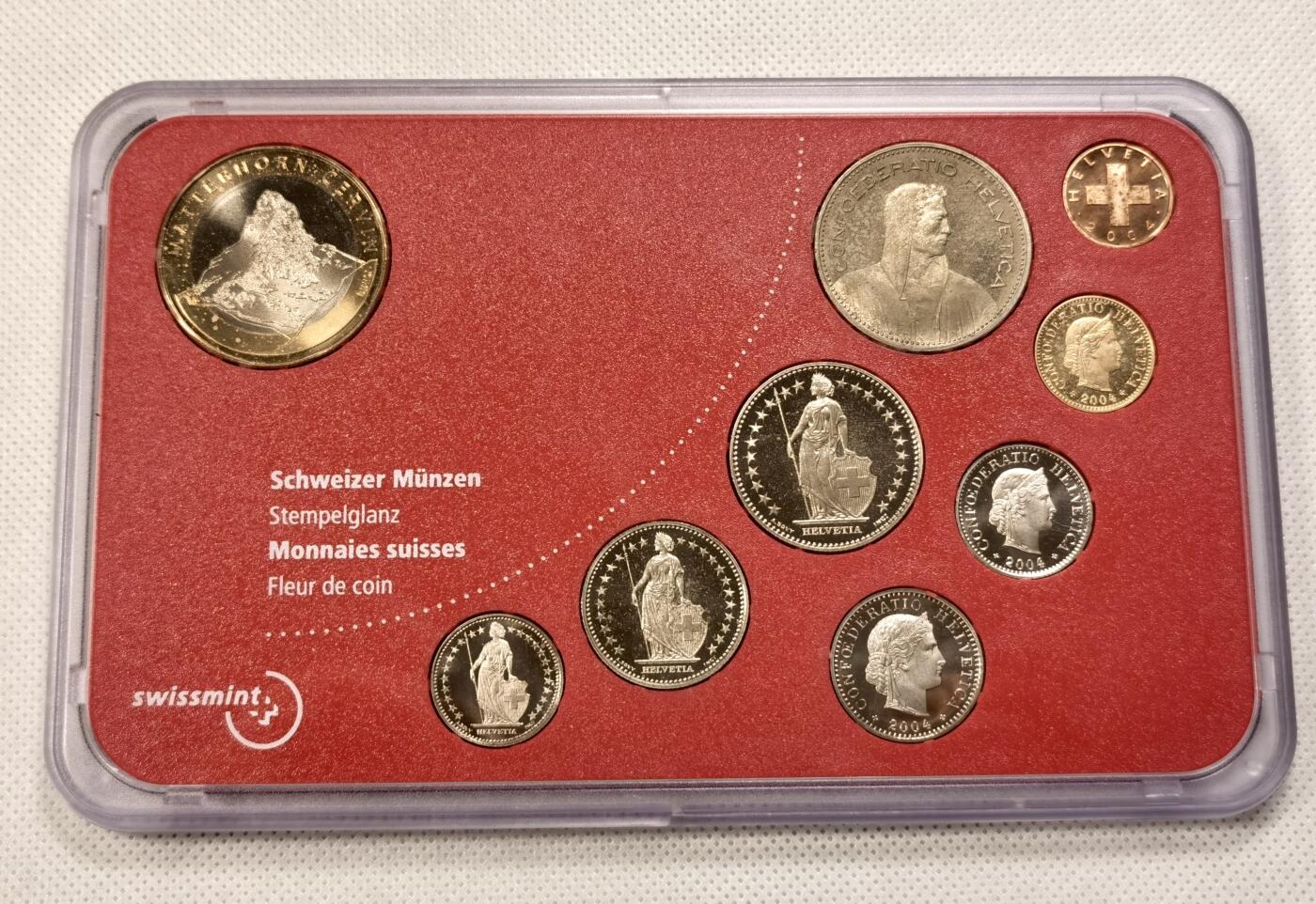  甄臻铺-世界币章拍卖（第20期），送拍享返佣金等优惠多多 2004年 瑞士精制套币 含马特洪峰10瑞士法郎双色纪念币 也是首枚10瑞士法郎硬币