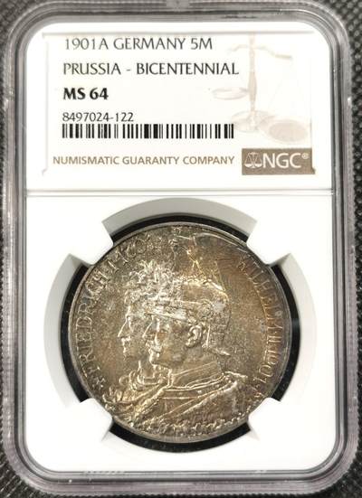  甄臻铺-世界币章拍卖（第20期），送拍享返佣金等优惠多多 - NGC-MS64 建国200周年5马克 落日余晖包浆精美 一步到位的状态