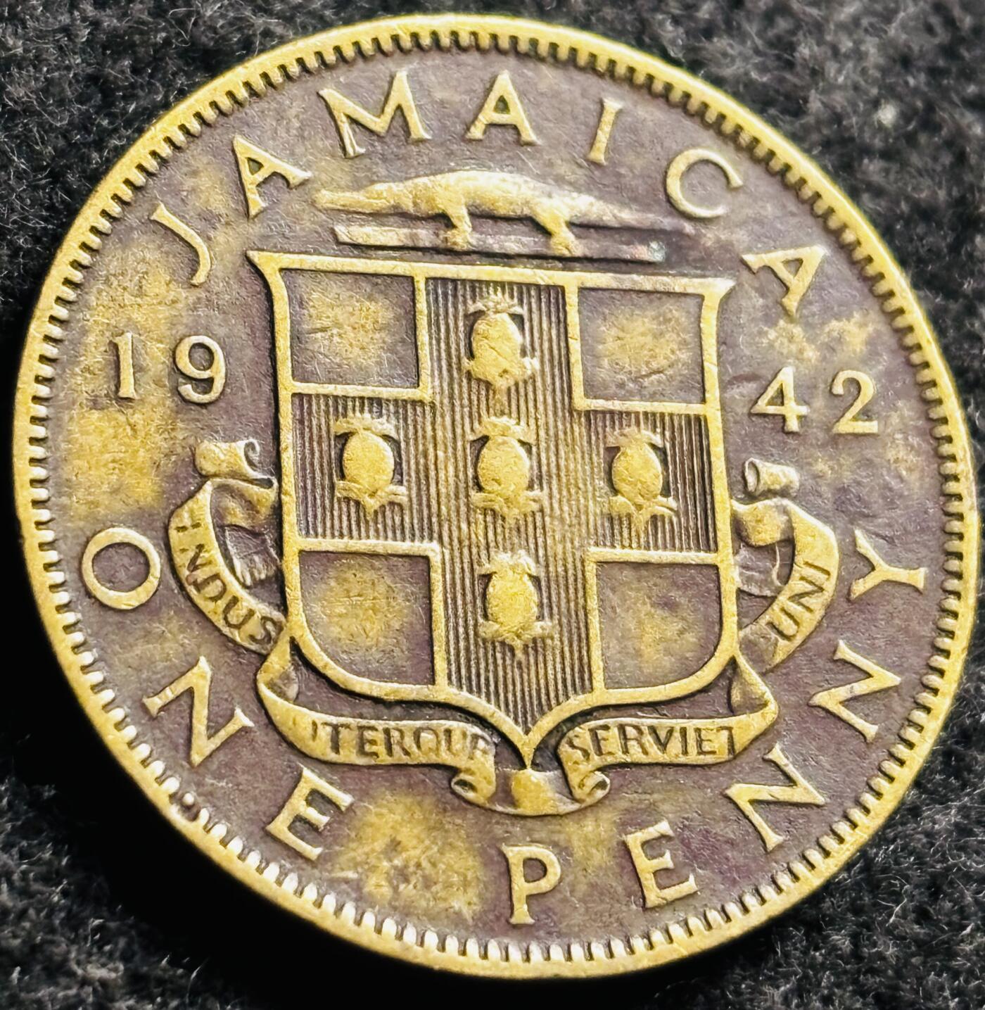 文馨钱币收藏第 250 期优选品质场 朱砂底包浆 1942 年英属牙买加乔治六世 1 便士大铜币