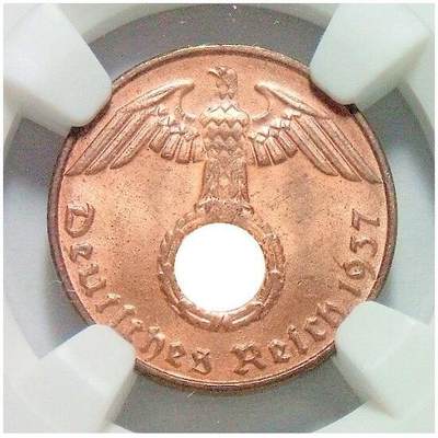 NGC MS65RB 德国第三帝国1937年D版1芬尼 难得开卷原光 - NGC MS65RB 德国第三帝国1937年D版1芬尼 难得开卷原光