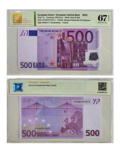 欧盟 2002版 一签 500欧元 相对稀少U冠法国版 全程无4  全新UNC  TQG评级67分 （马来西亚著名评级公司 严格评审 国际认可度高） - 欧盟 2002版 一签 500欧元 相对稀少U冠法国版 全程无4  全新UNC  TQG评级67分 （马来西亚著名评级公司 严格评审 国际认可度高）